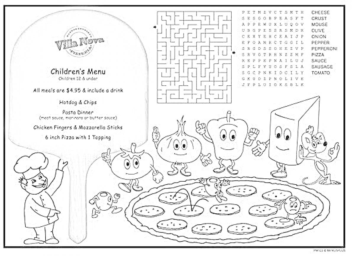 На раскраске изображено: Детское меню, Пицца, Повар, Лабиринт, Головоломка, Продукты, Лук, Сыр, Томат