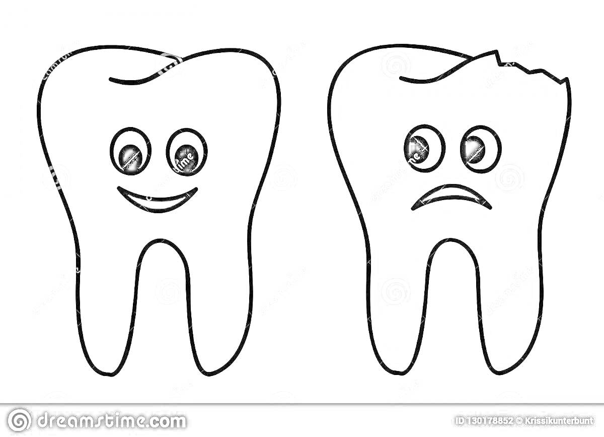 Раскраска Два зуба, один счастливый, другой грустный и с повреждением