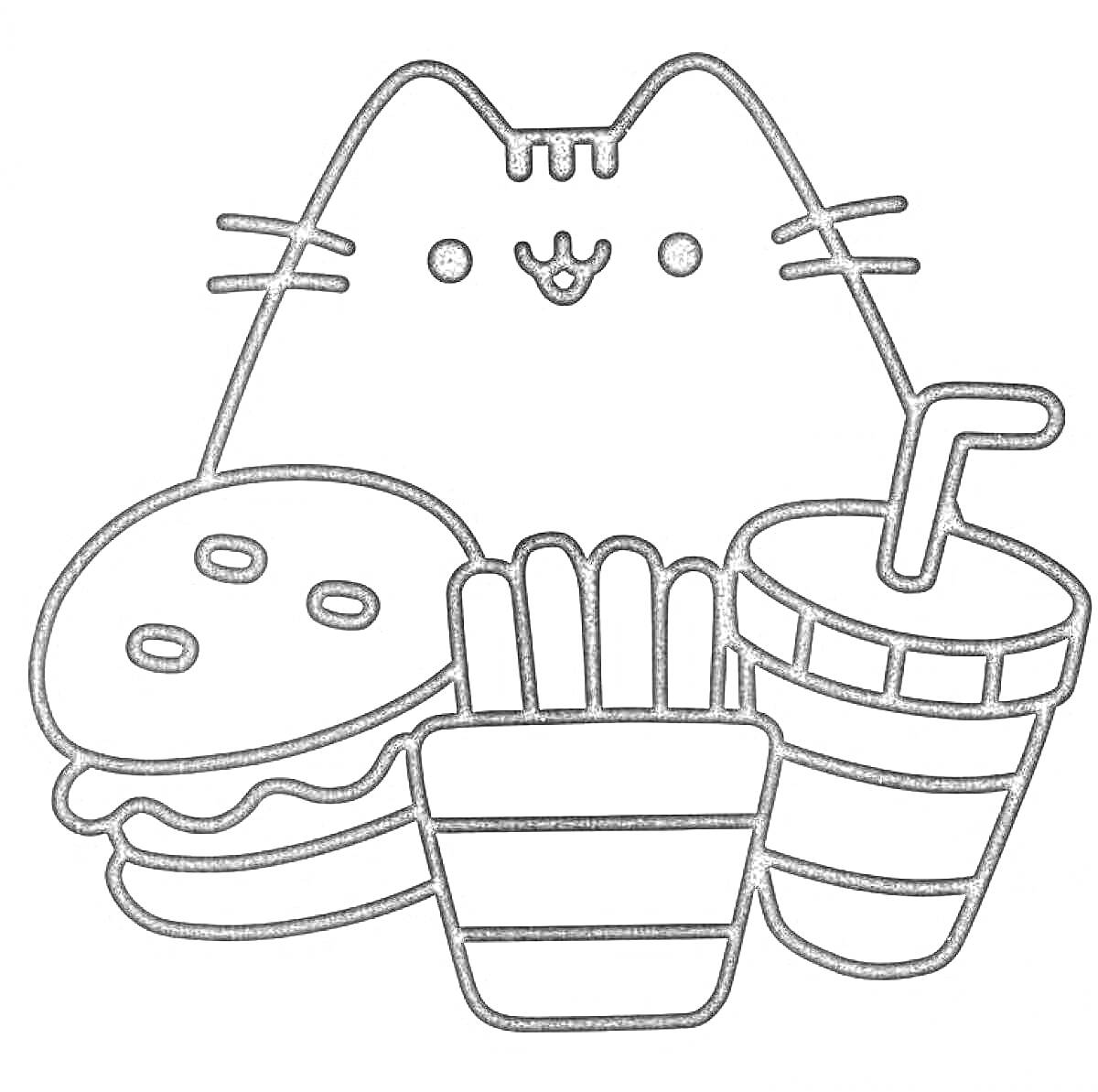Раскраска Кавайный кот с гамбургером, картошкой фри и стаканом с трубочкой