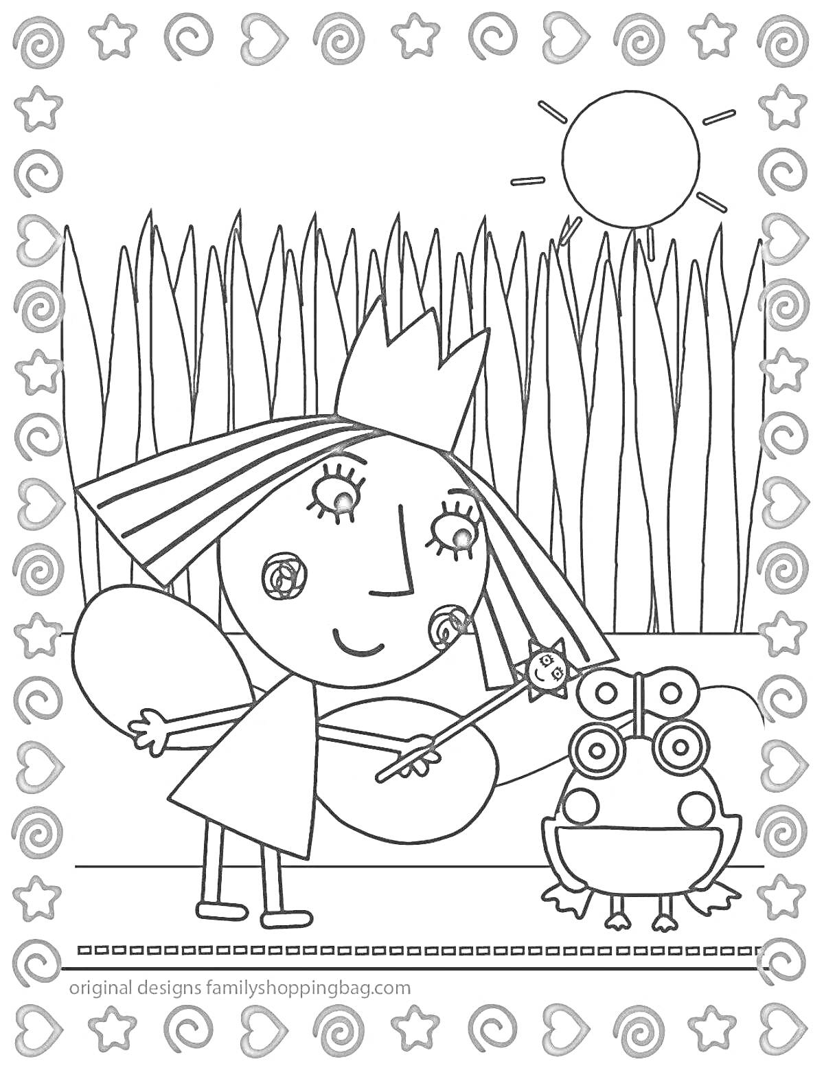 На раскраске изображено: Принцесса, Корона, Лес, Солнце, Звезды, Завитки