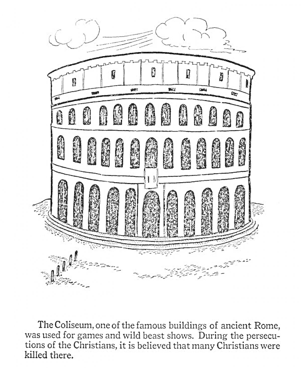 Раскраска Колизей с облаками на фоне и текстом внизу