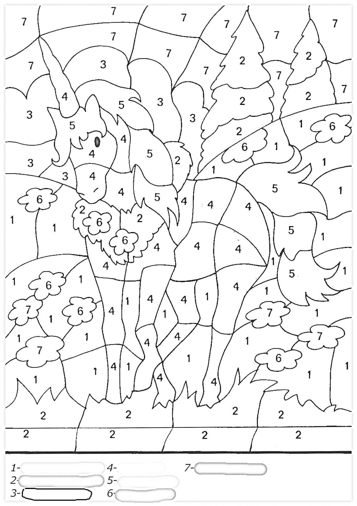 Раскраска Единорог в лесу с цветами и облаками