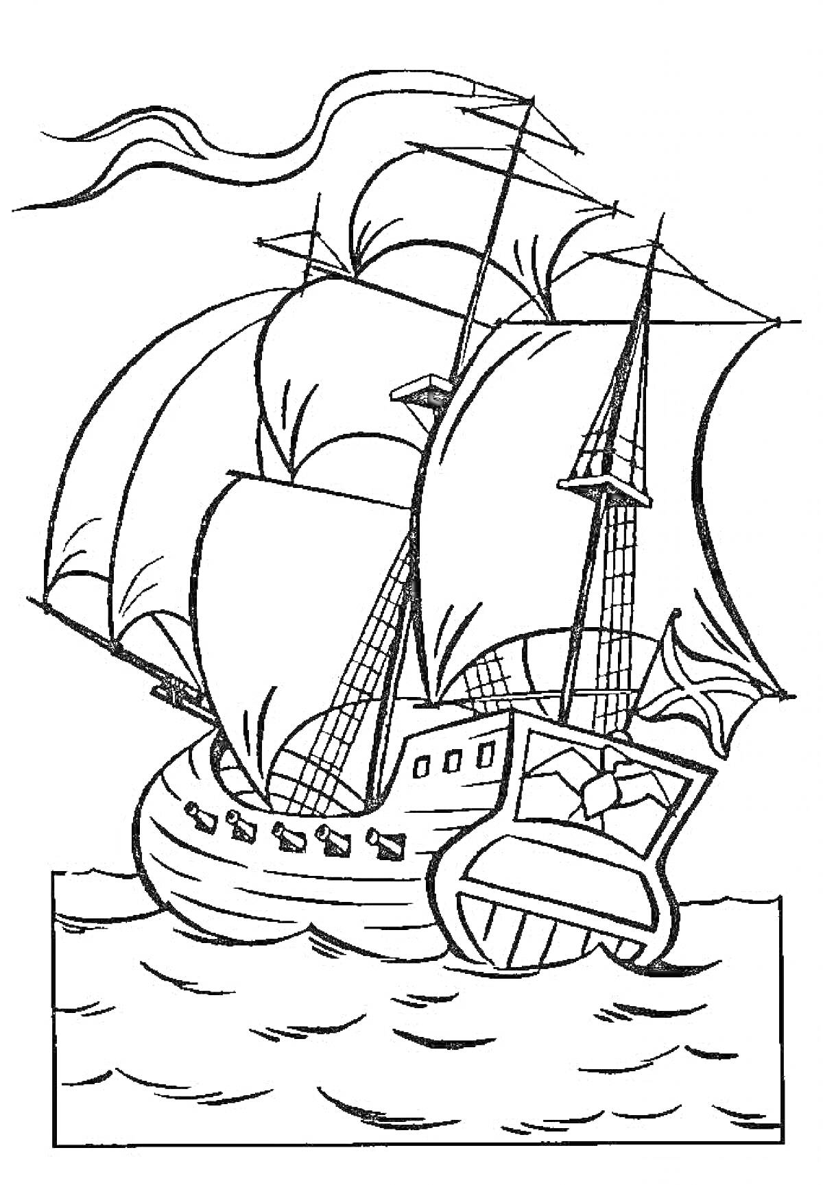 На раскраске изображено: Корабль, Паруса, Волны, Море, Судно, Из сказок, Царь Салтан