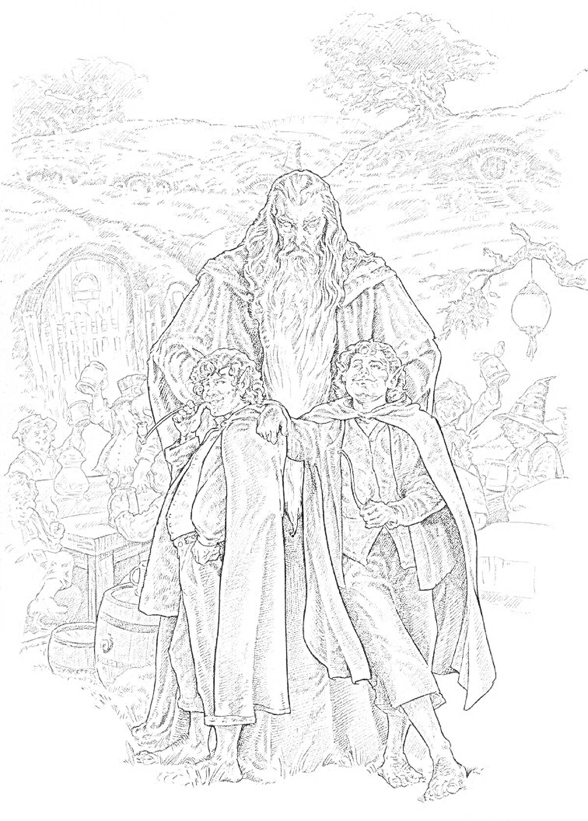 На раскраске изображено: Толкин, Хоббит, Волшебник, Деревья
