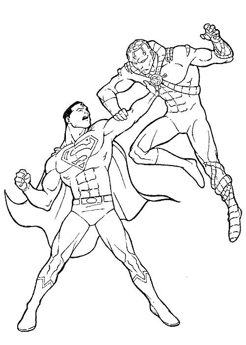 Супермен дерется с противником в костюме с доспехами