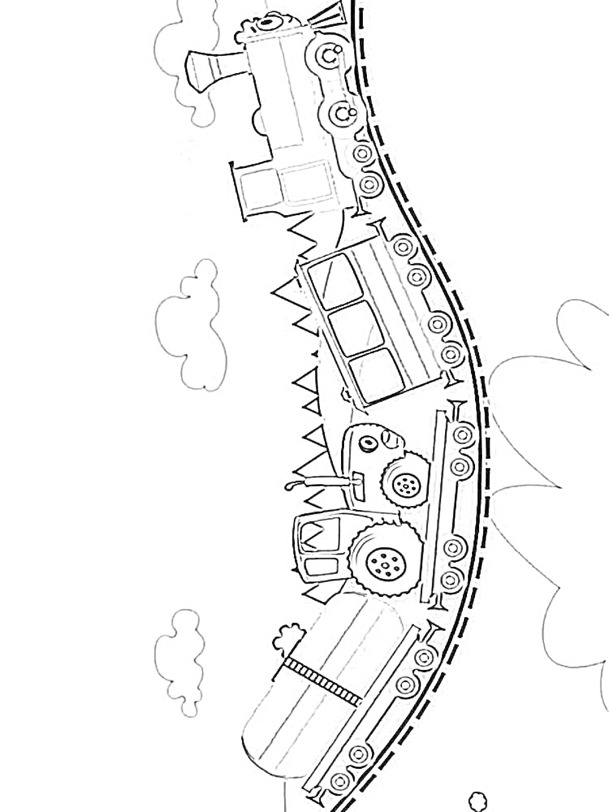 Раскраска Поезд на дороге с облаками, елью и грузовиком