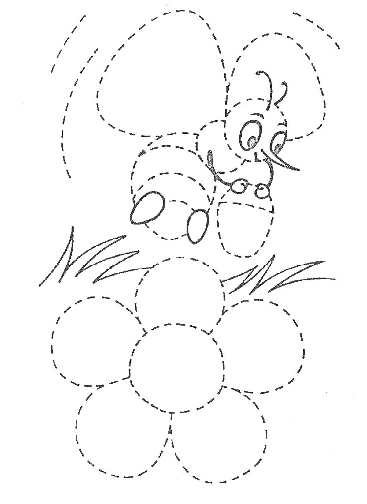 На раскраске изображено: Бабочка, Трава, По точкам, 3-4 года