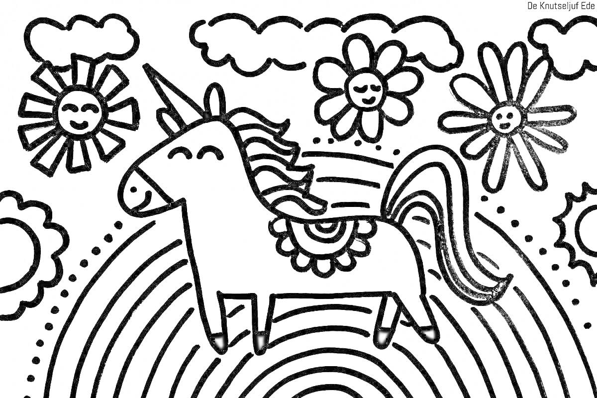 На раскраске изображено: Собака, Цветы, Облака, Солнце, Улыбка, Единороги, Радуги