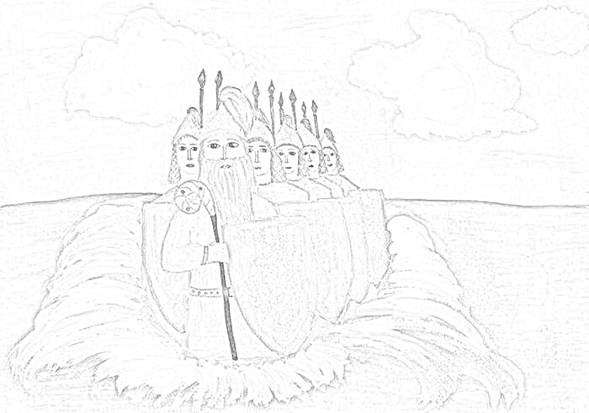 На раскраске изображено: Шлемы, Копья, Море, Облака, Волны, Сказка о царе салтане, Корабль