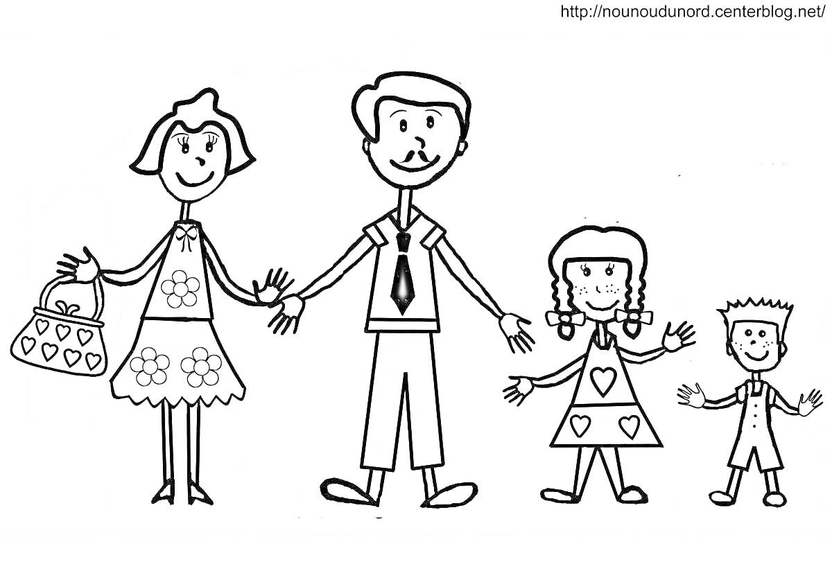 Раскраска Родители с двумя детьми, мама с сумкой в платье с цветами, папа в рубашке с галстуком, дочь в платье с сердечками, сын в комбинезоне