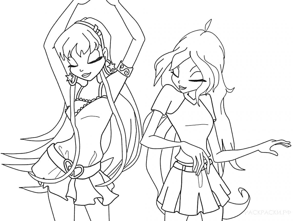 Раскраска Две девушки из команды флоры в танцевальных позах, одна в топе и шортах с длинными волосами, другая в футболке и юбке с распущенными волосами