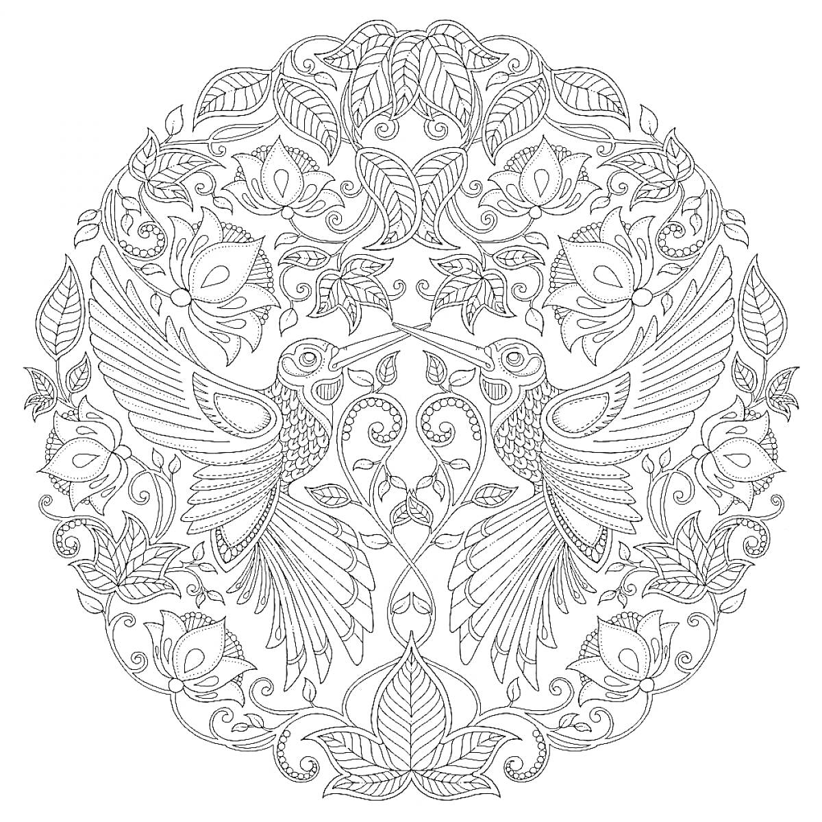 Раскраска Пара птиц и цветы