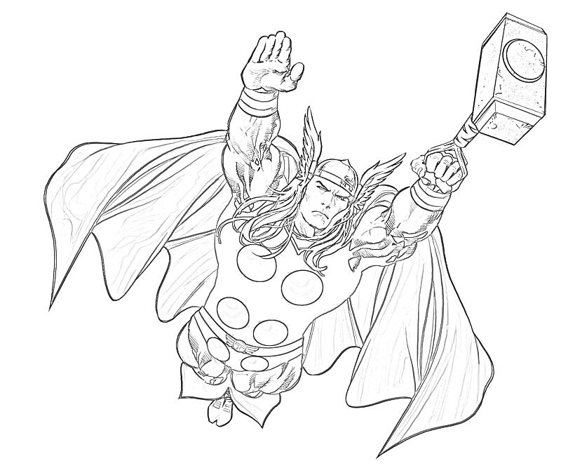 Раскраска Тор летит с молотом Мьёльниром, одет в плащ, шлем с крыльями и мускулистый костюм