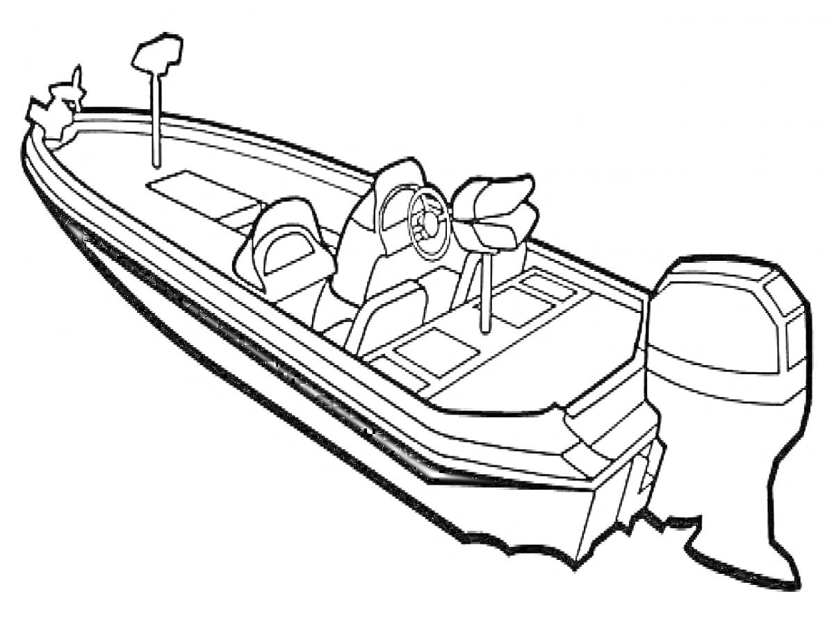 На раскраске изображено: Лодка, Мотор, Водный транспорт, Сидение
