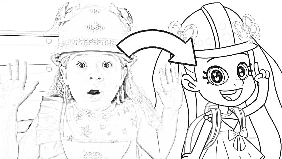 Раскраска Девочка в шляпе с поднятыми руками и ее раскрашенная версия в шляпе с цветами и бантиками