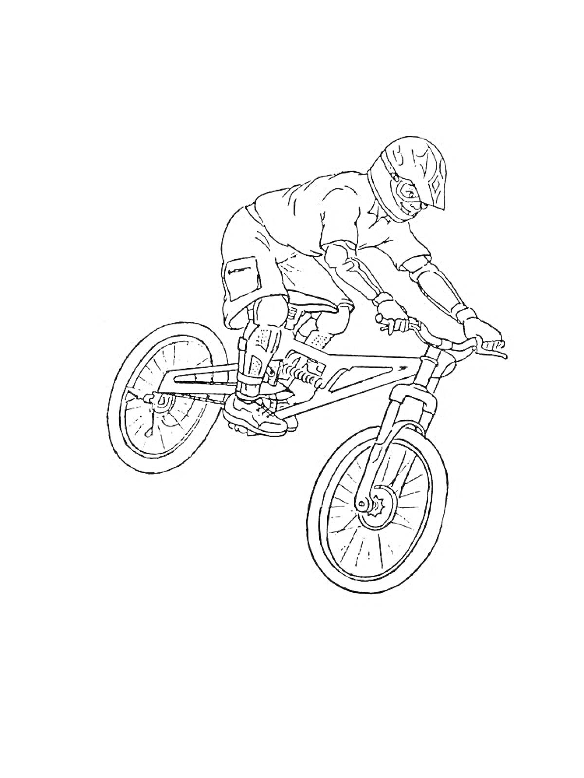 На раскраске изображено: BMX, Велосипед, Защитная экипировка, Каска, Трюки, Спорт, Активный отдых