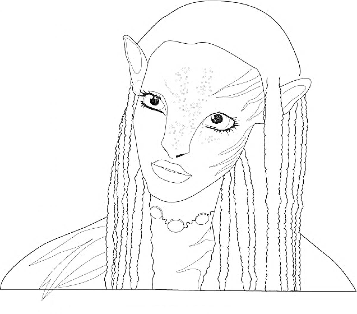 Раскраска Раскраска с изображением персонажа из Аватар с длинными волосами, нормальными глазами, ушами и колье