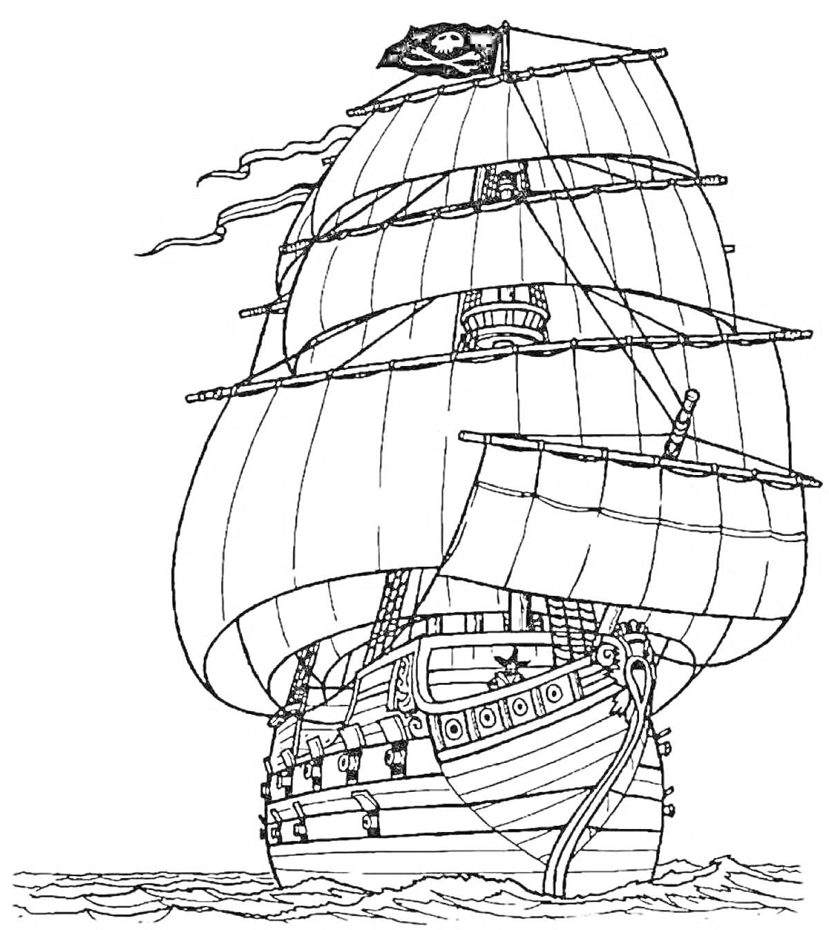 На раскраске изображено: Корабль, Петр 1, Паруса, Море, Иллюминаторы, Палуба, Мореходство, Исторический корабль