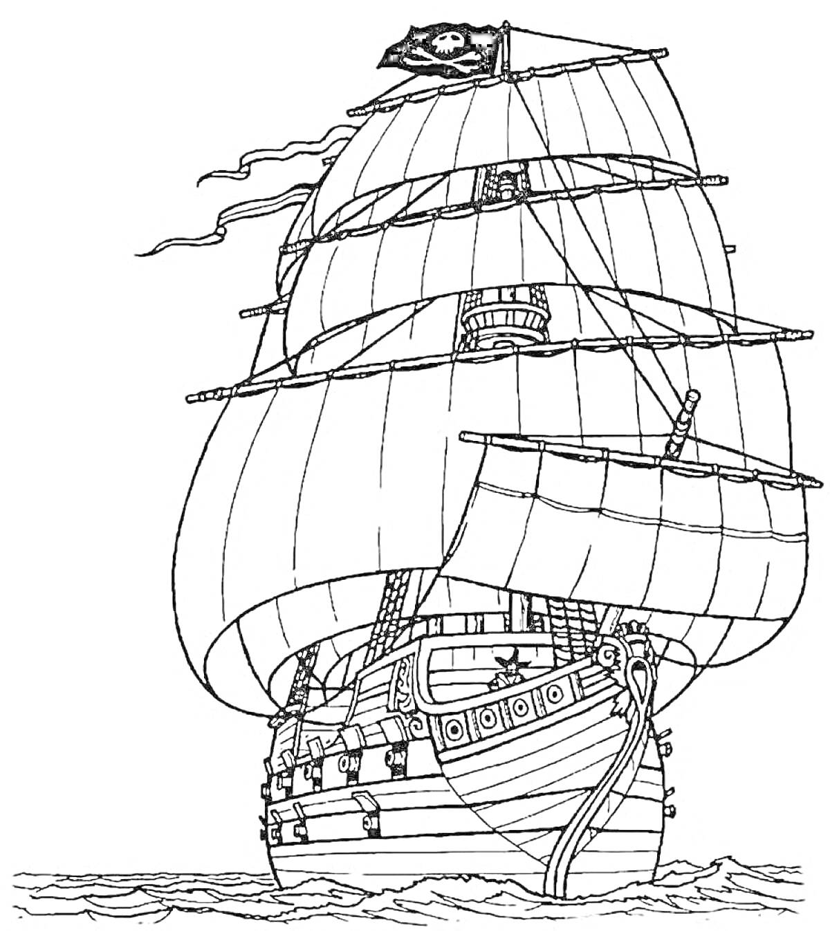 Корабль с парусами и флагом с черепом на мачте. Видны три мачты с развернутыми парусами, флаг с символом черепа и костей на верхней мачте, деревянный корпус корабля с иллюминаторами, палуба и пушки. Корабль находится на воде.