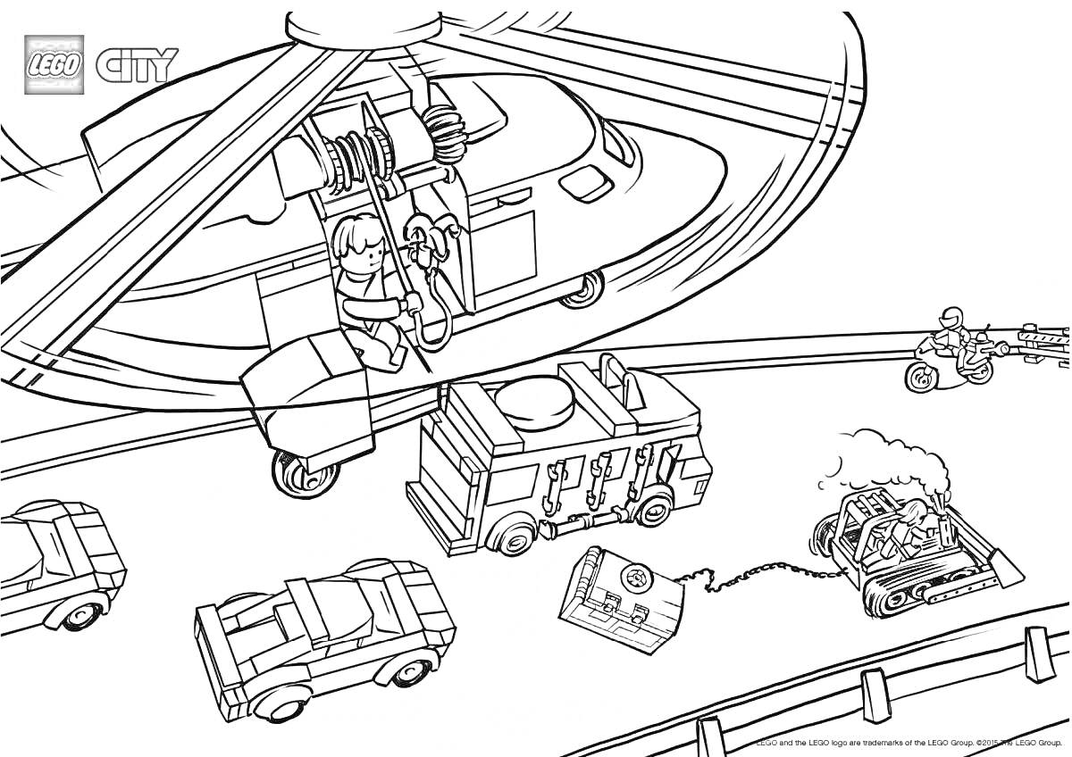 Раскраска Лего самолет с летающим самолетом, грузовиком, двумя легковыми автомобилями, горящим автомобилем и дорогой.