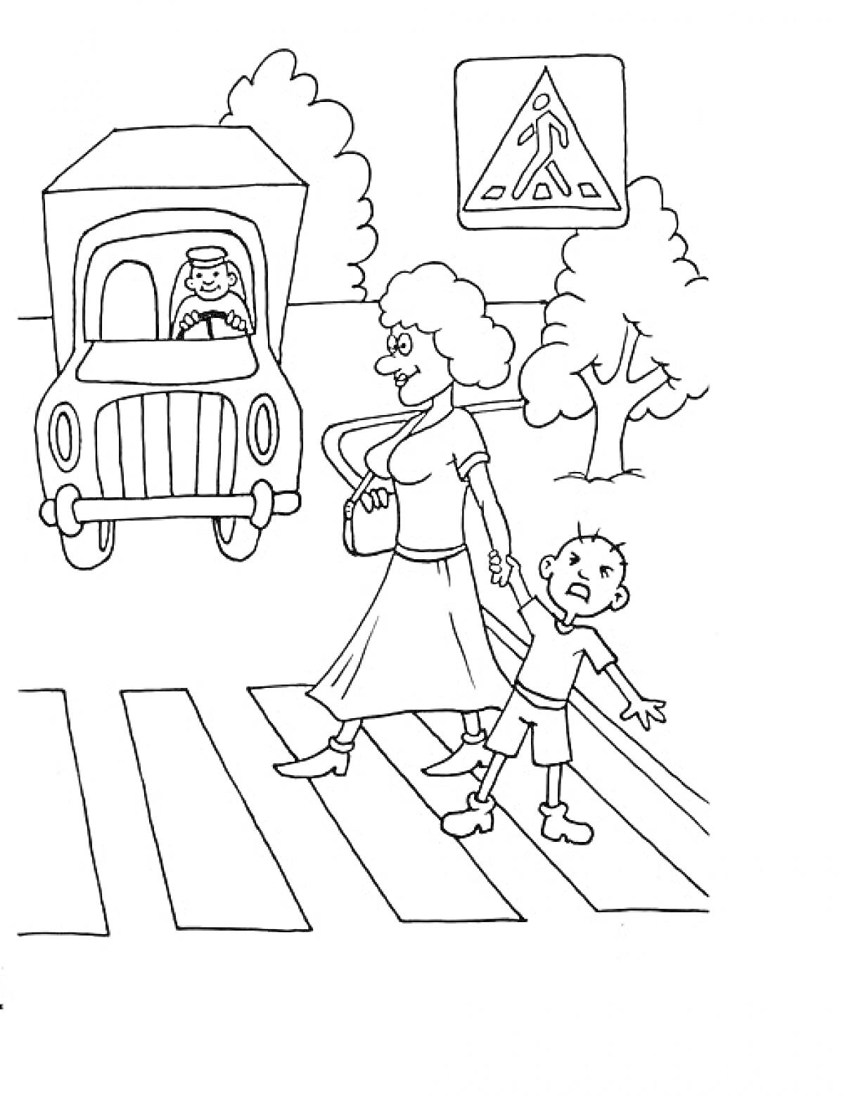 Раскраска Женщина с ребенком переходят пешеходный переход, дорожный знак 