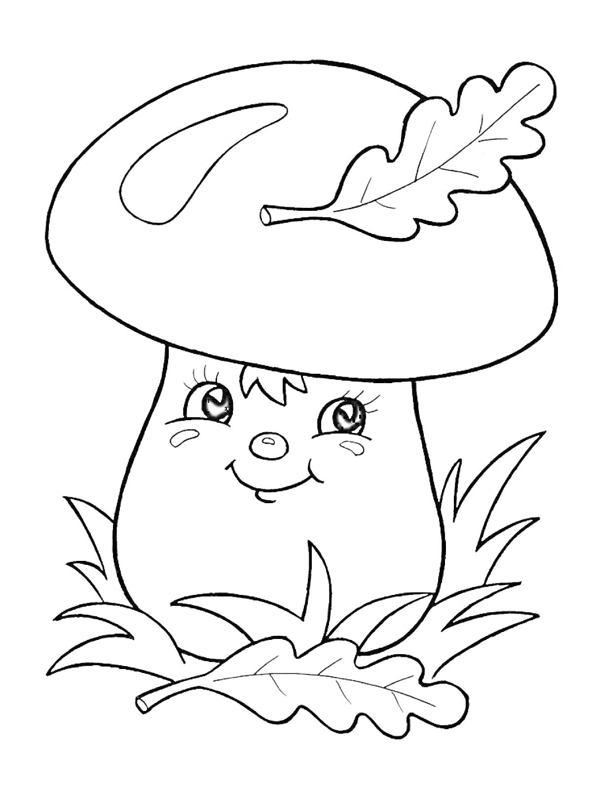 Раскраска Улыбающийся гриб с листочком на шляпке и травой