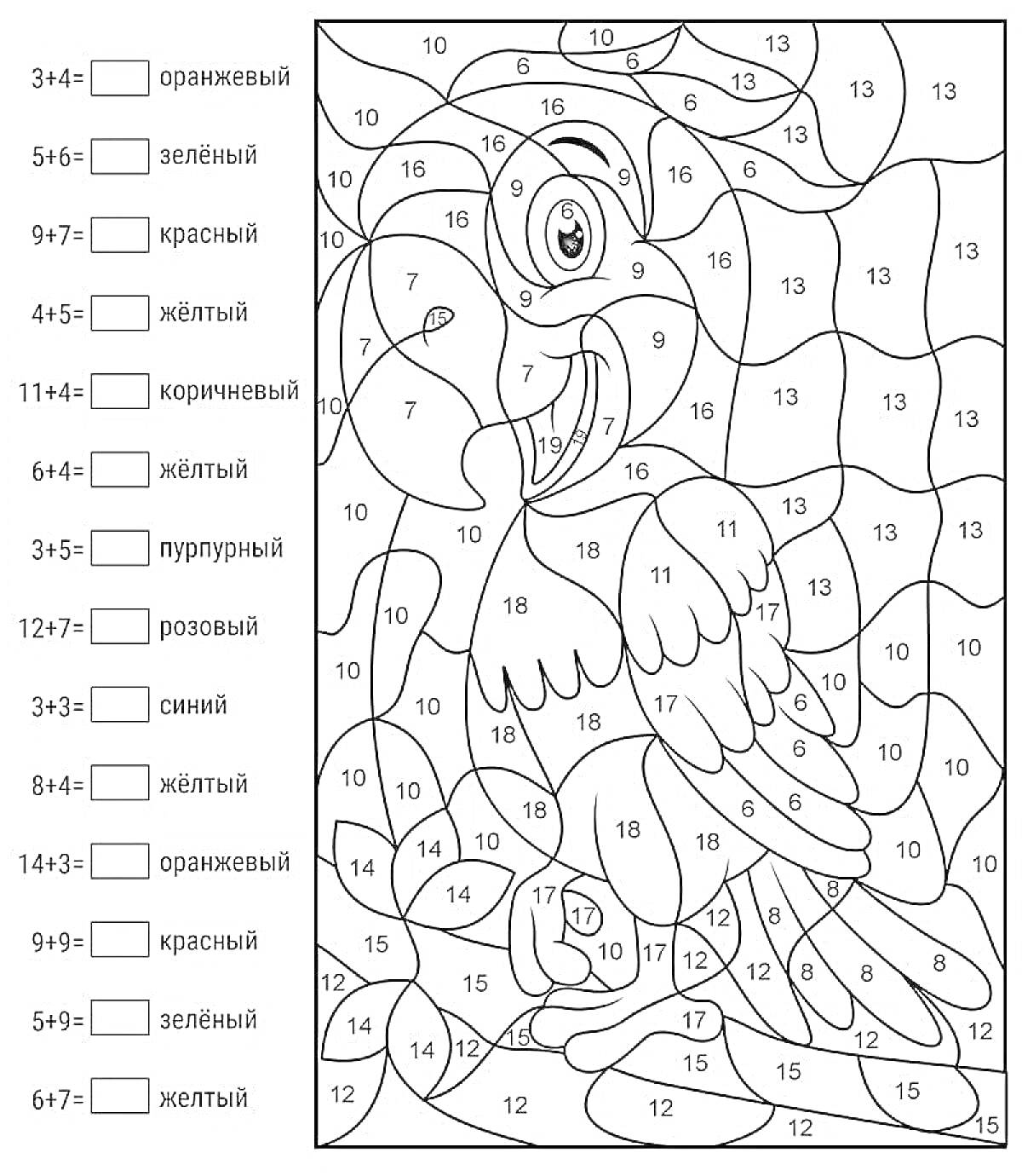 Раскраска Раскраска по номерам с изображением попугая и фона в виде числовых сегментов