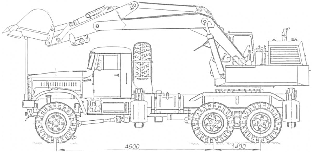 Самосвал КРАЗ с краном и ковшом сбоку на чертеже