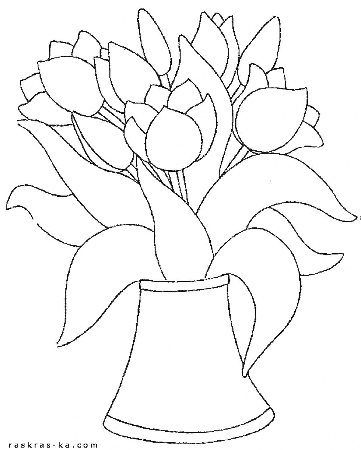 На раскраске изображено: Ваза, Цветы, Тюльпаны, Листья, Для детей