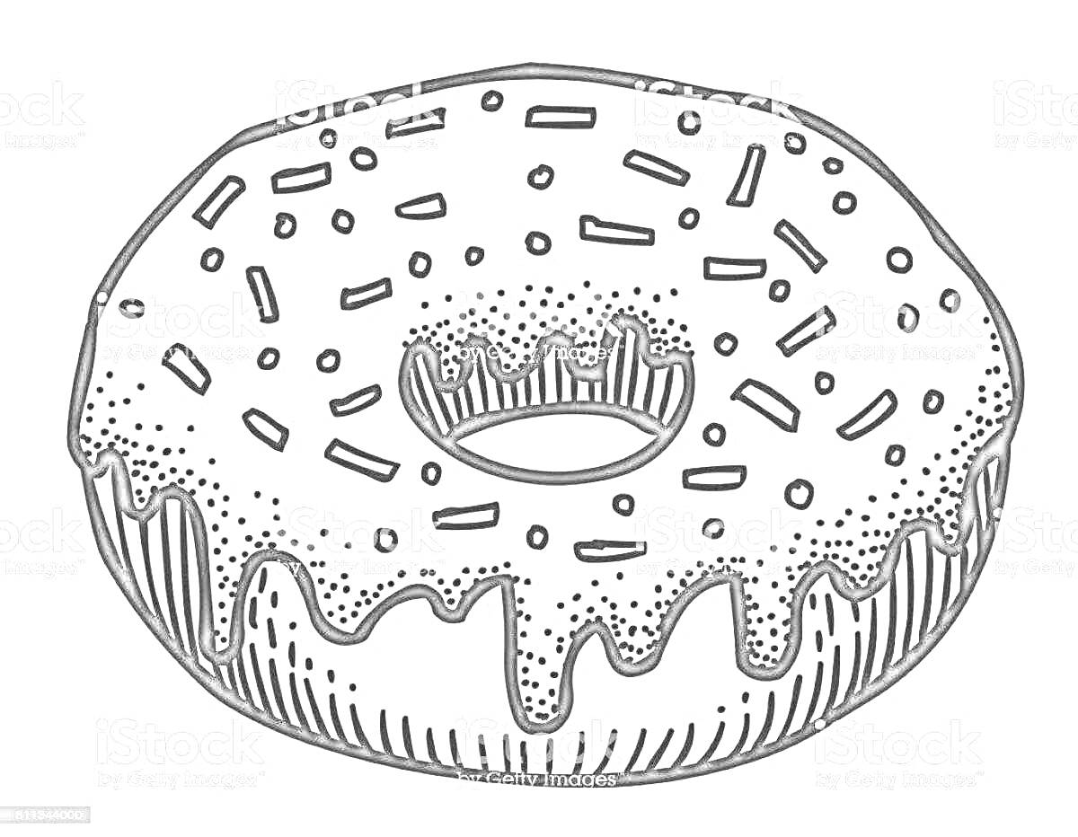 Раскраска Пончик с глазурью и присыпкой