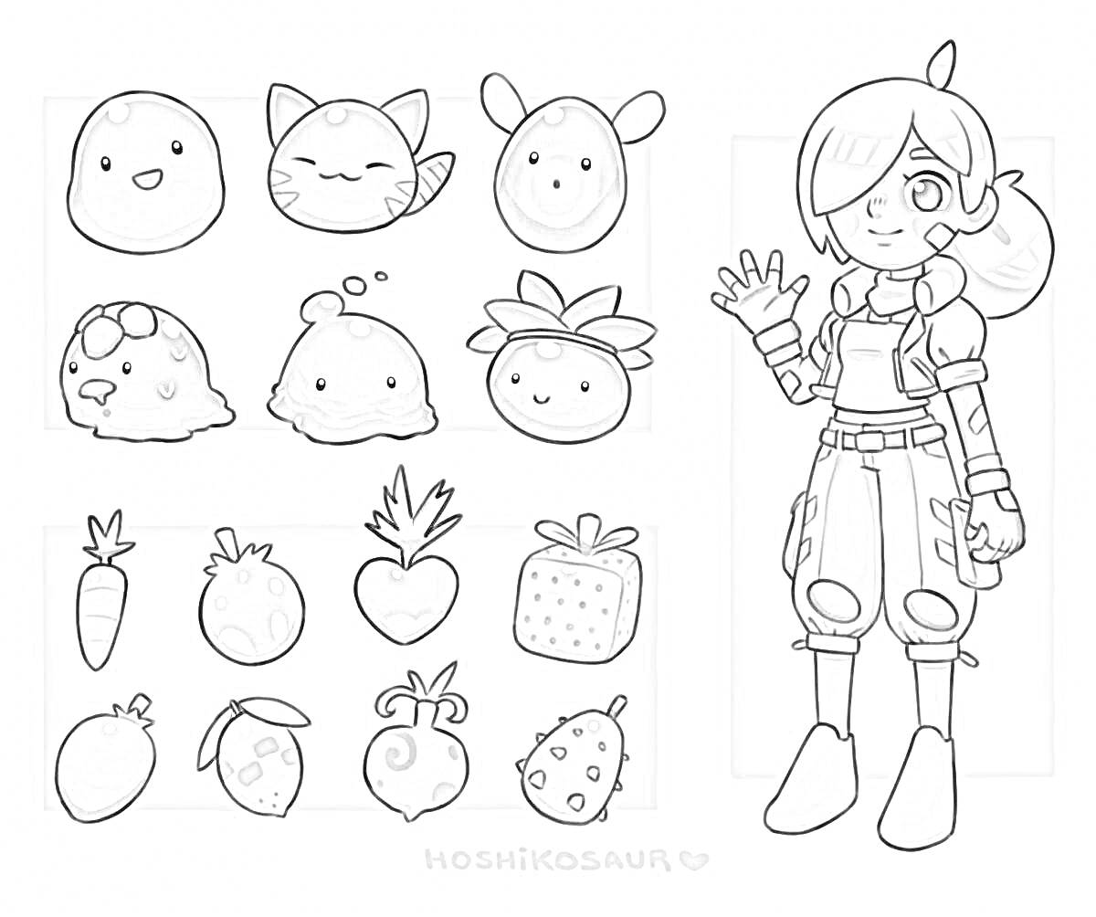 Раскраска персонаж Слайм Ранчо 2 с различными слаймами и фруктами/овощами