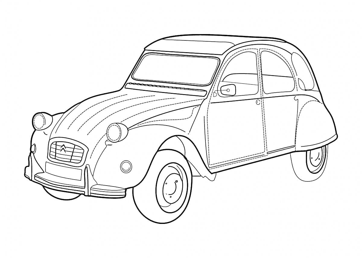 Ретро автомобиль Citroën 2CV, двухдверный кузов, характерные фары, капот с линиями, двойное лобовое стекло, зеркала, колёса