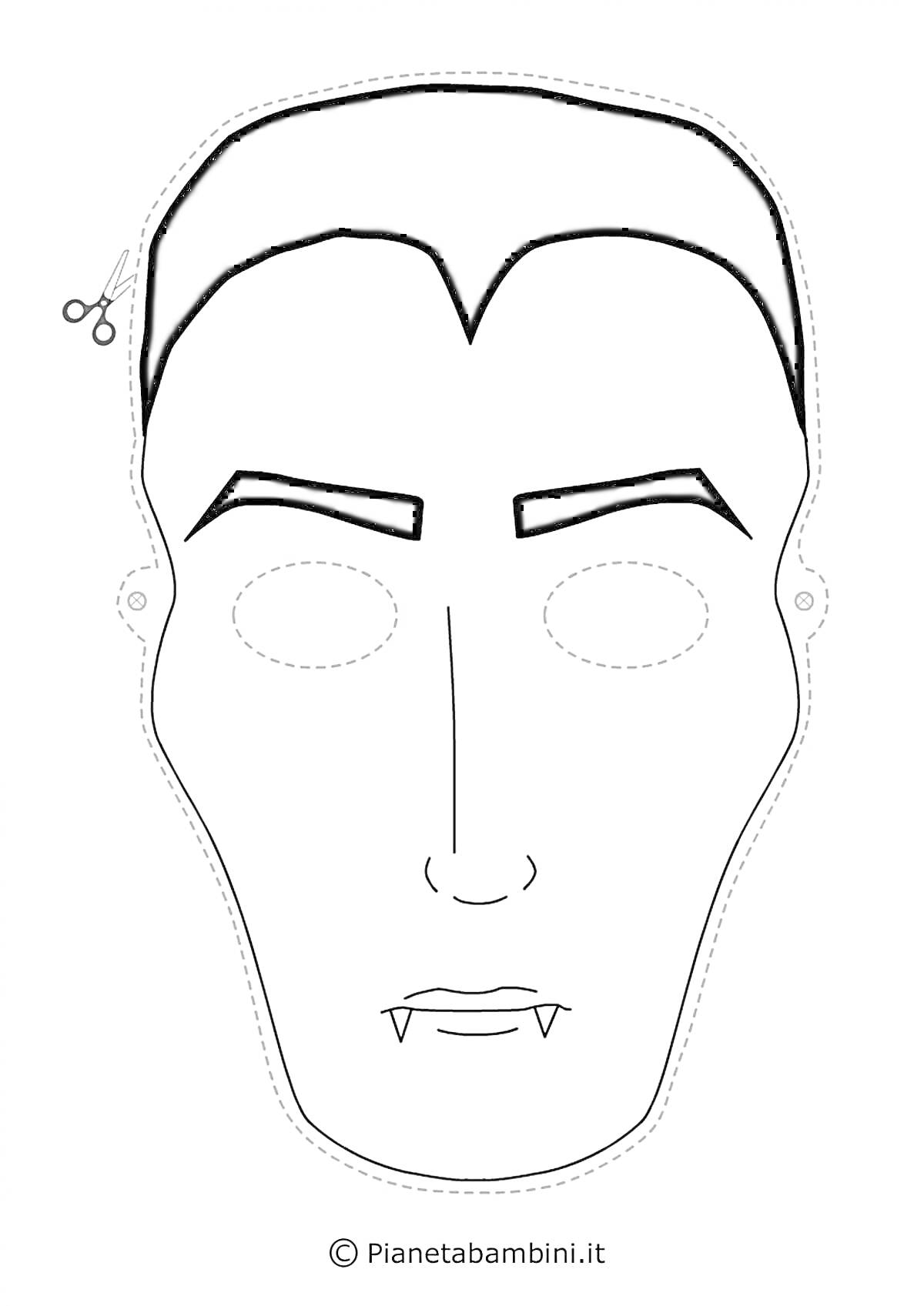 Раскраска Тканевая маска для лица вампира с вырезанными глазами, носом, бровями, глазами и клыками