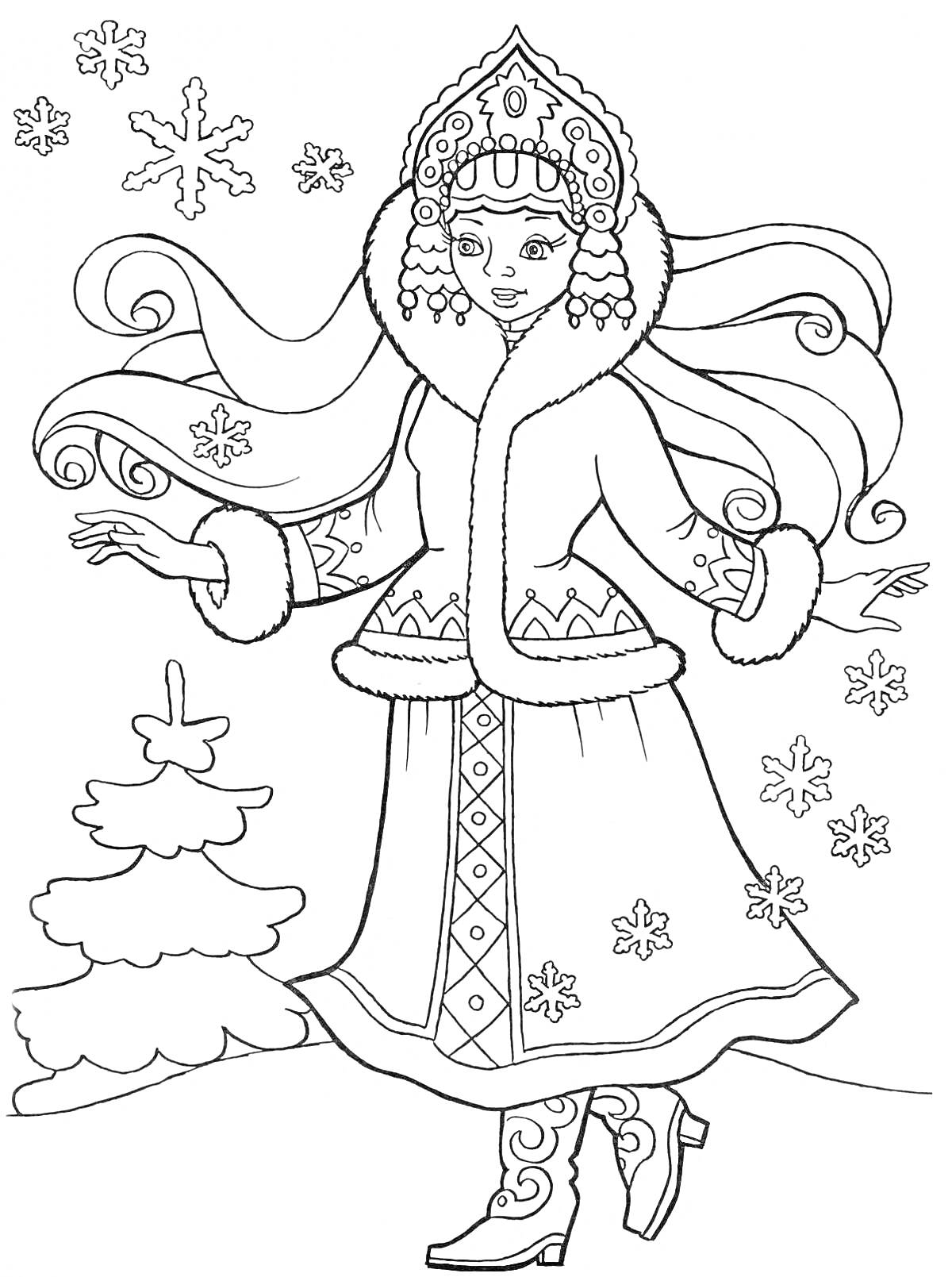 На раскраске изображено: Снегурочка, Девочка, Зима, Снежинки, Шубка, Разукрашка, Новый год, Традиции
