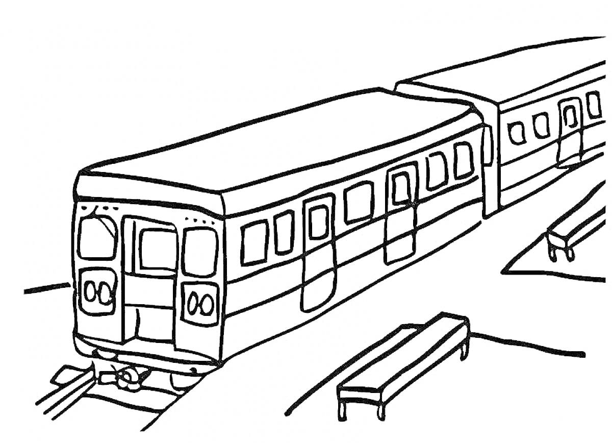 На раскраске изображено: Поезд, Станция, Вагоны, Рельсы, Скамейки, Транспорт, Железная дорога, Вокзал