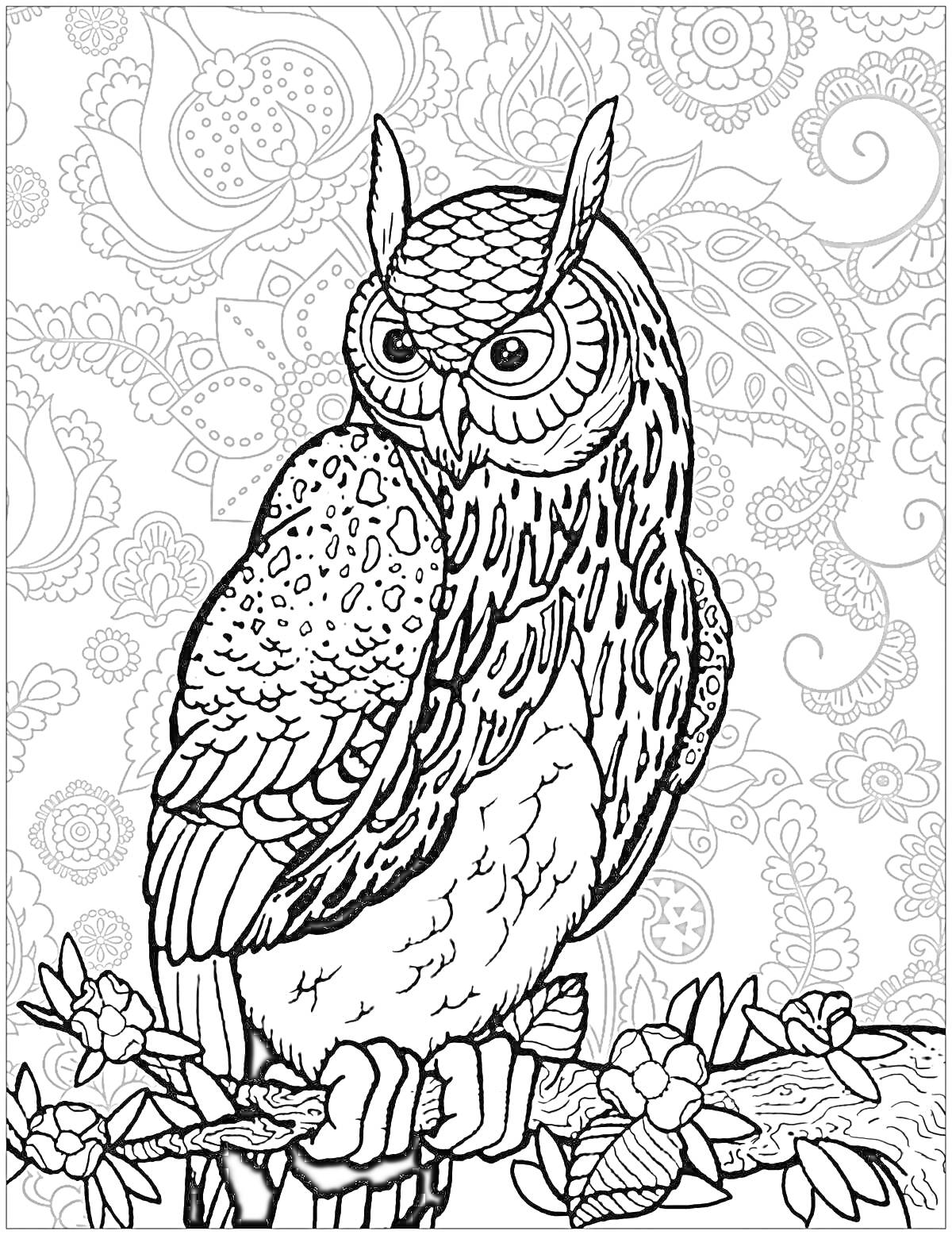 Раскраска Раскраска с ушастой совой, сидящей на ветке с листьями и цветами, на фоне узоров и завитков