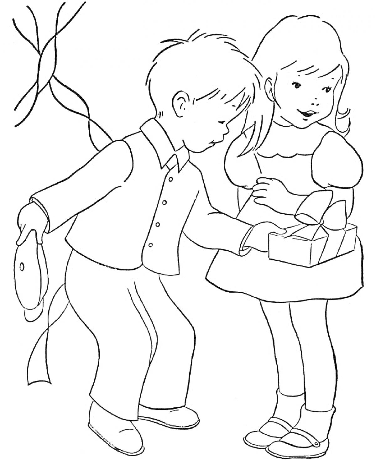На раскраске изображено: Девочка, Мальчик, Одежда, Туфли, Сюрприз, Для детей, Подарки, Воздушные шары, Праздники
