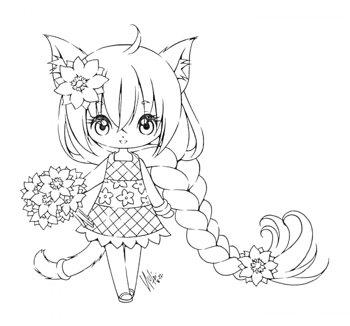 Раскраска Девушка аниме с кошачьими ушами, длинной косой, цветами в волосах и букетом в руках