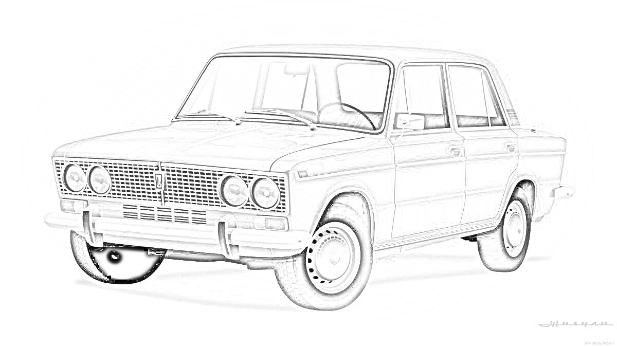 Раскраска Ваз 2103 седан с хромированной решеткой радиатора, круглыми фарами, бамперами и стандартными колесами