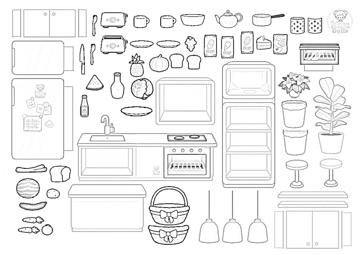 На раскраске изображено: Кухня, Бытовая техника, Кастрюли, Горшки, Тостер, Посуда, Холодильник, Плита, Духовка, Раковина, Кулинария, Цветок в горшке