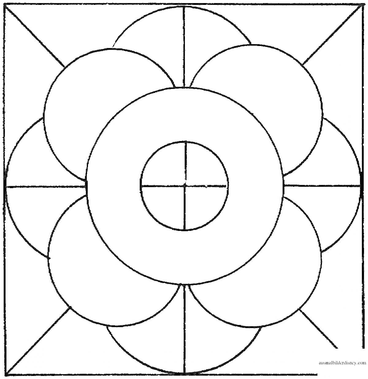 Раскраска Орнамент с цветком в центре, окруженный кругами и треугольниками