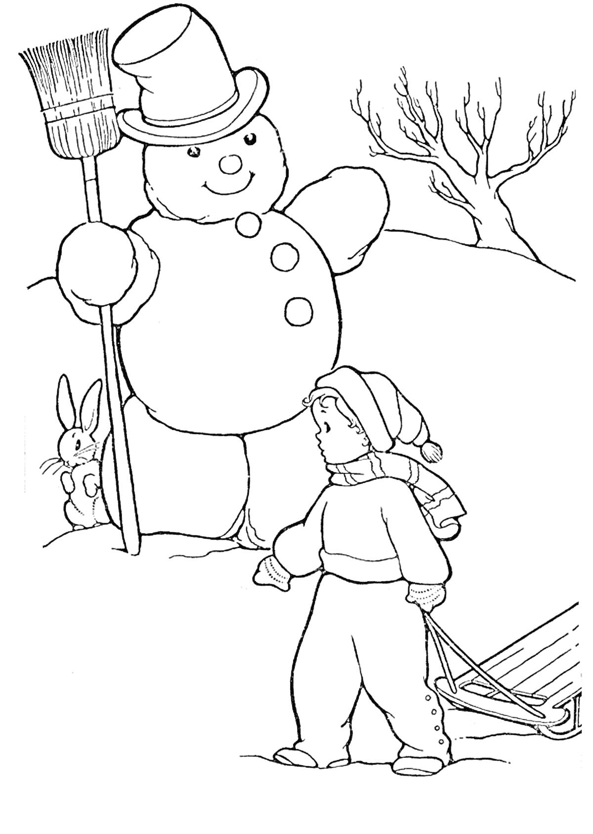 Снеговик с метлой, ребенок с санками, дерево и заяц