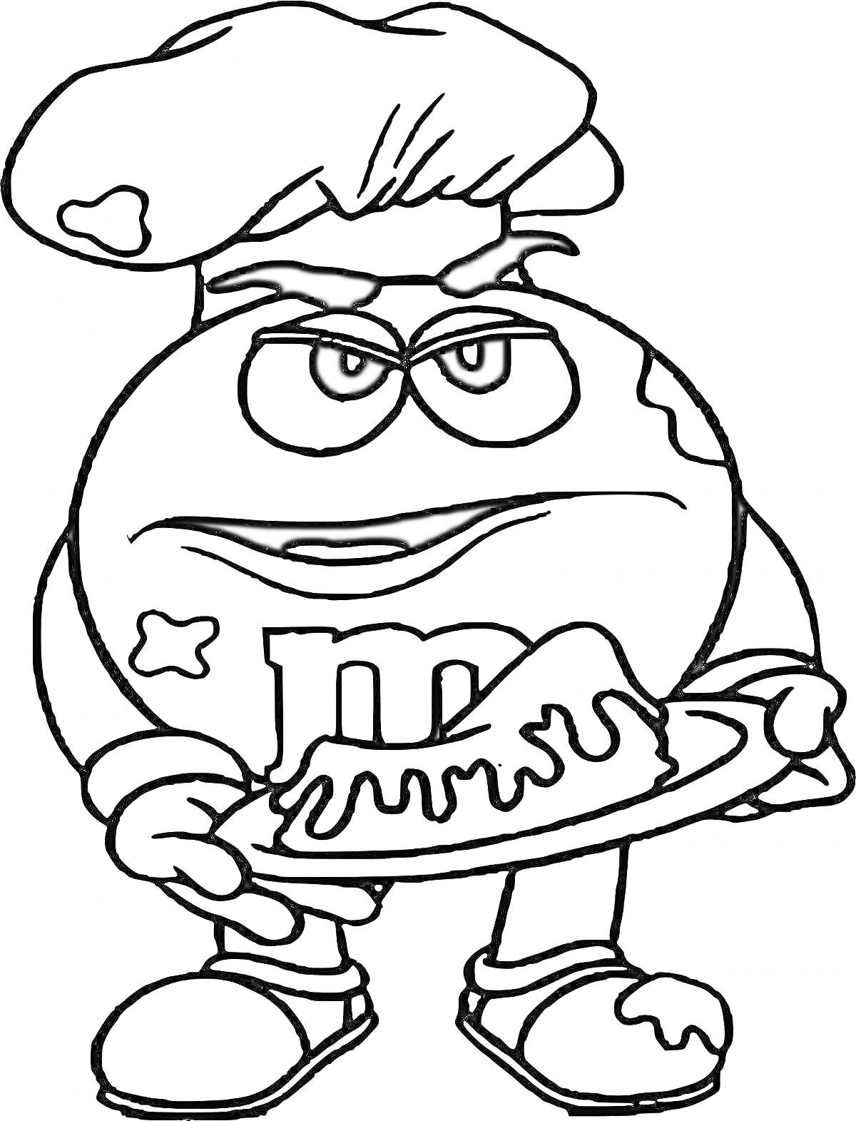 Раскраска Злой шоколадный круглый персонаж с пирогом, в шапке повара