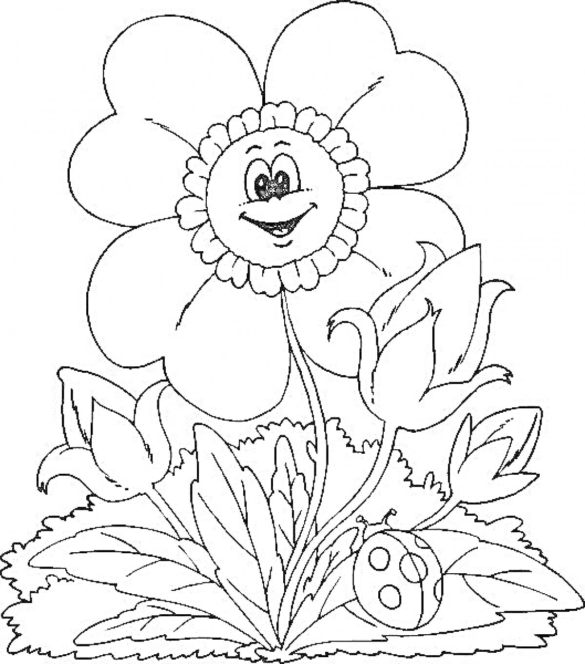 Раскраска Цветок с улыбающимся лицом и божьей коровкой, сидящей на листьях