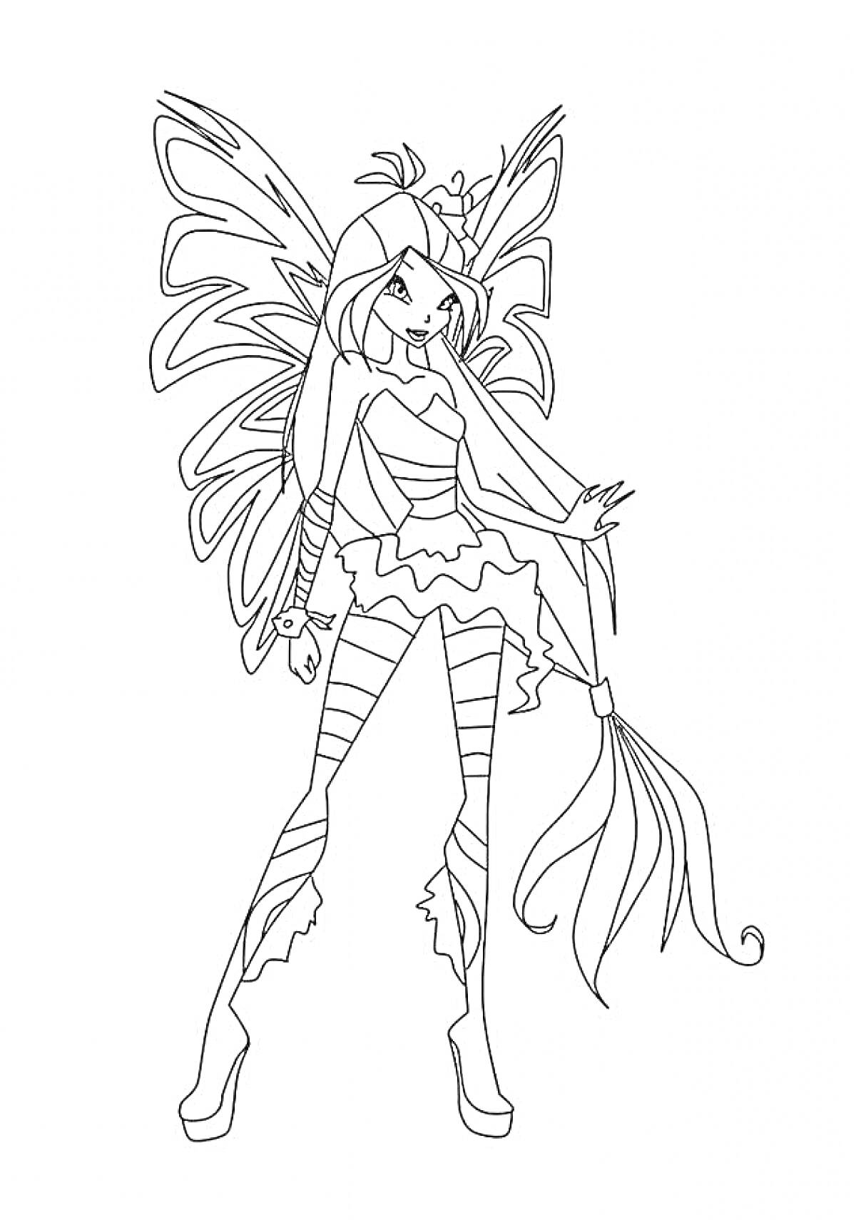 Раскраска Фея в стиле Сиреникс с крыльями, хвостом, длинными волосами и браслетами