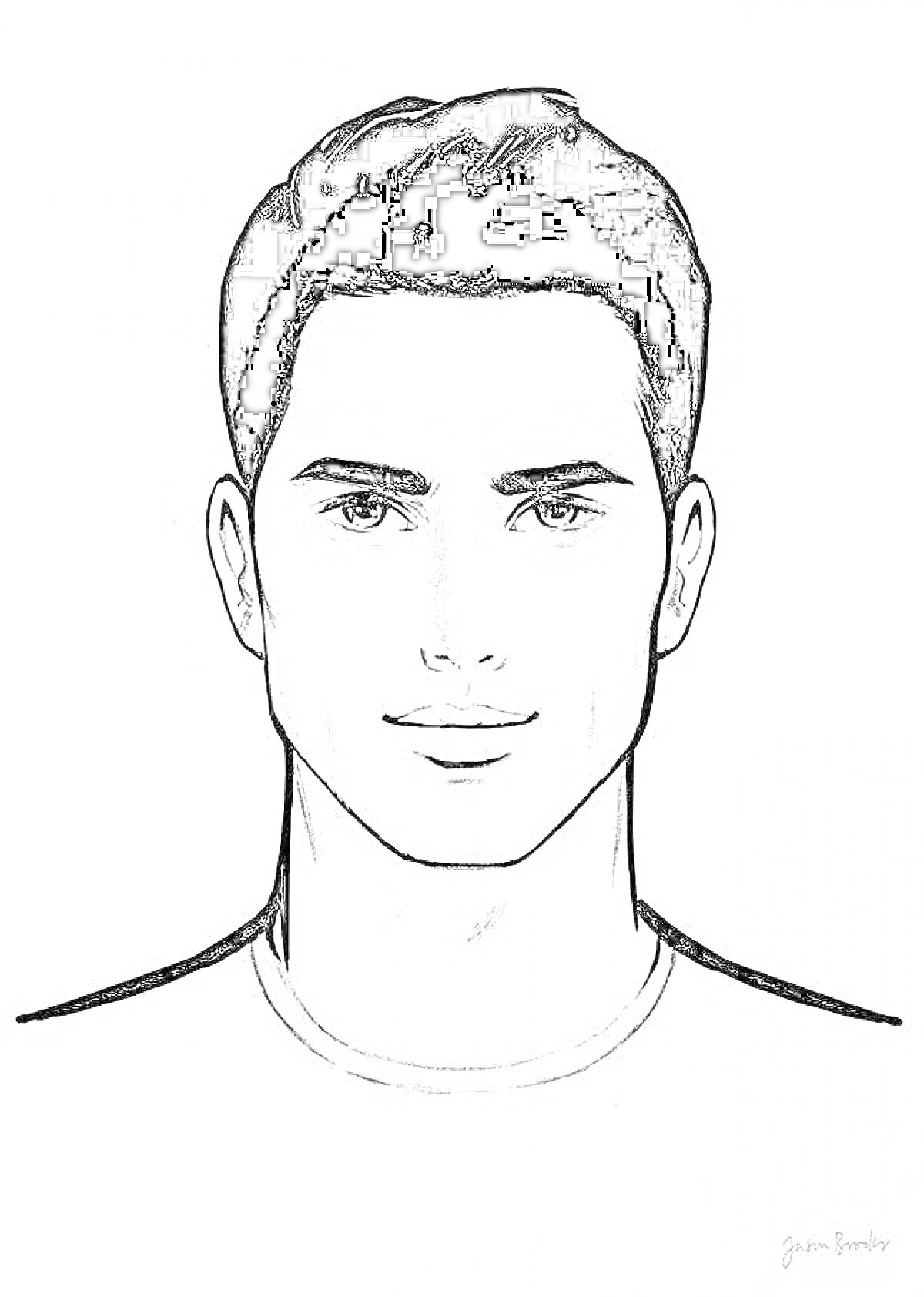 Раскраска Раскраска с изображением лица мужчины с короткими волосами, с прямым взглядом, и легкой улыбкой