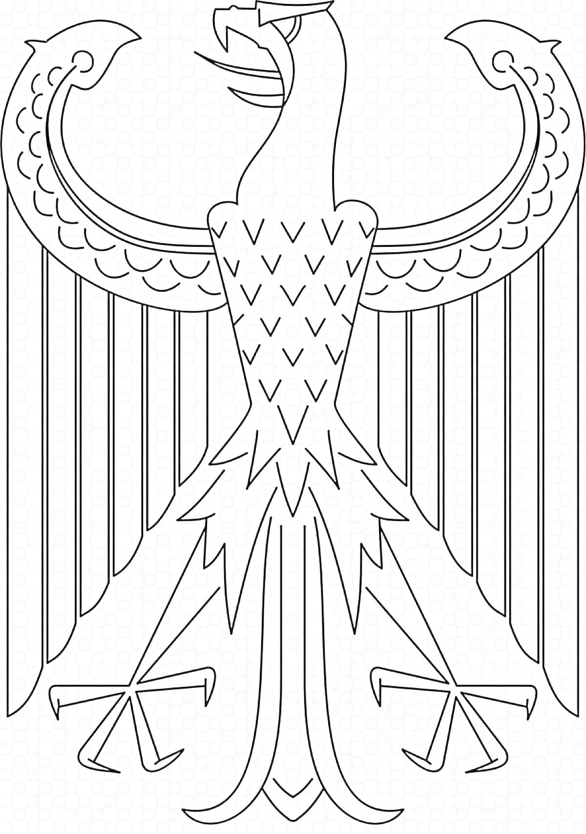 Раскраска Герб Германии - черно-белая раскраска с изображением орла с расправленными крыльями, когтями и хвостом