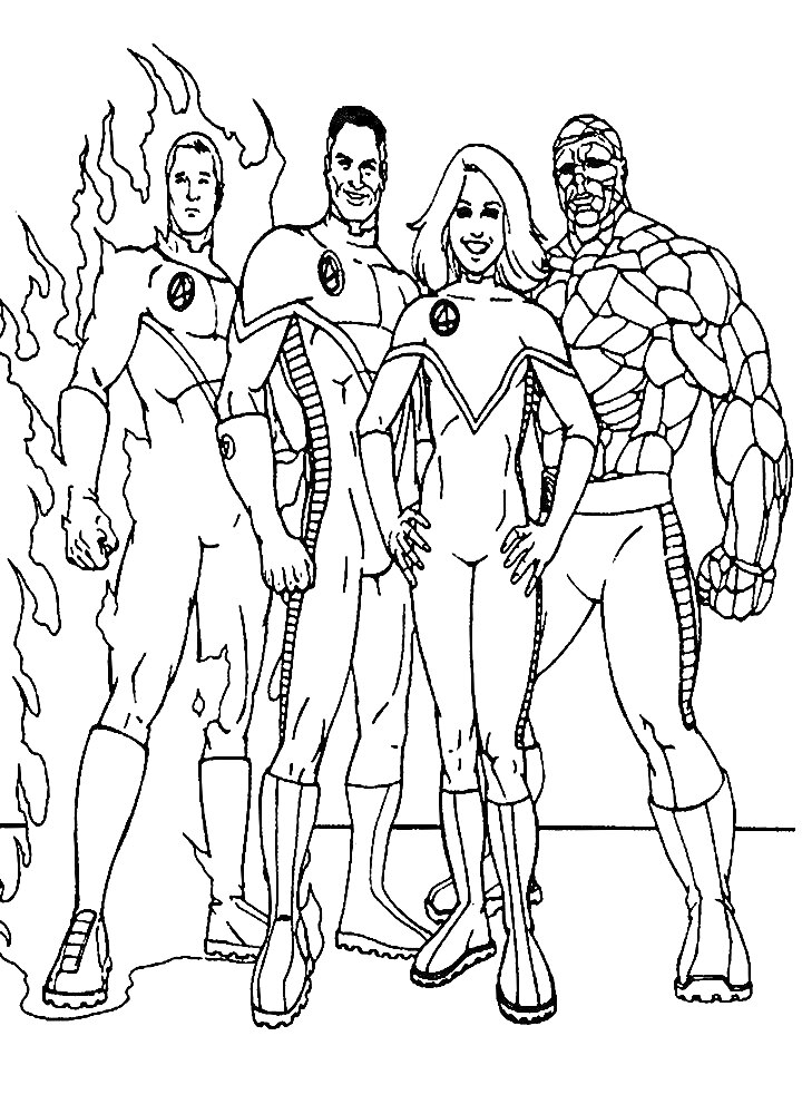 Раскраска Фантастическая четверка: Человек-факел, Мистер Фантастик, Невидимая леди, Существо