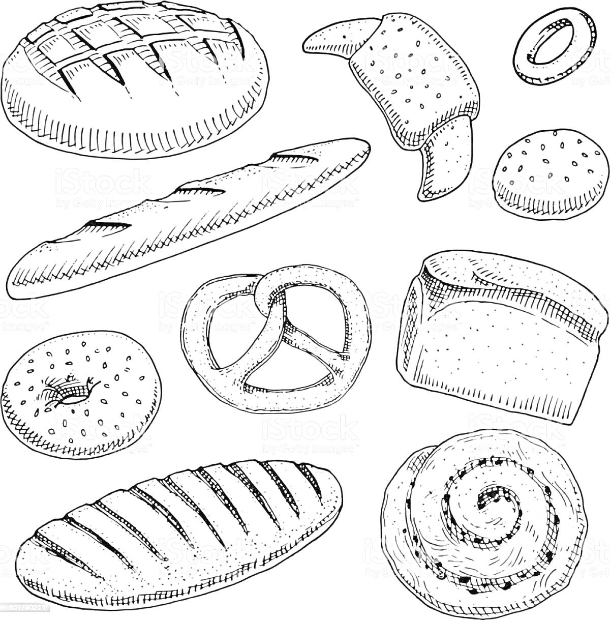 Раскраска Ассортимент мучных изделий: круглый хлеб, круассан, бублик, овсяное печенье, багет, пряник, буханка хлеба, овальное печенье, булка, слойка