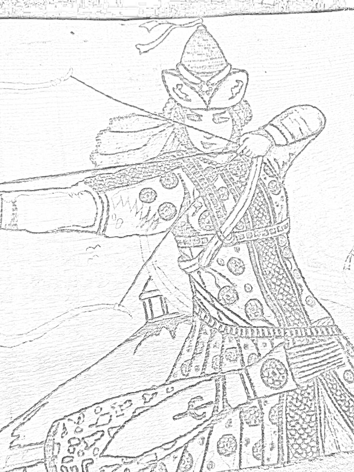 Раскраска Томирис, женщина-воин, стреляющая из лука, в традиционном костюме с металлическими элементами и узорами, на фоне палатки и гор
